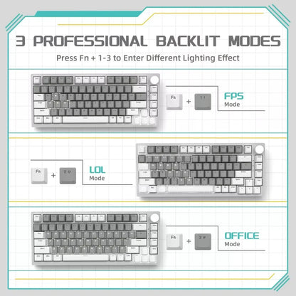 AJAZZ AK820 Wired Office Gaming Lighted Mechanical Keyboard, Backlit Keyboard, Light up Keyboard, 75% Layout Full Key Hot Swappable Gasket Structure Metal Volume Knob FN Multimedia Function Ergonomic Design Plug and Play