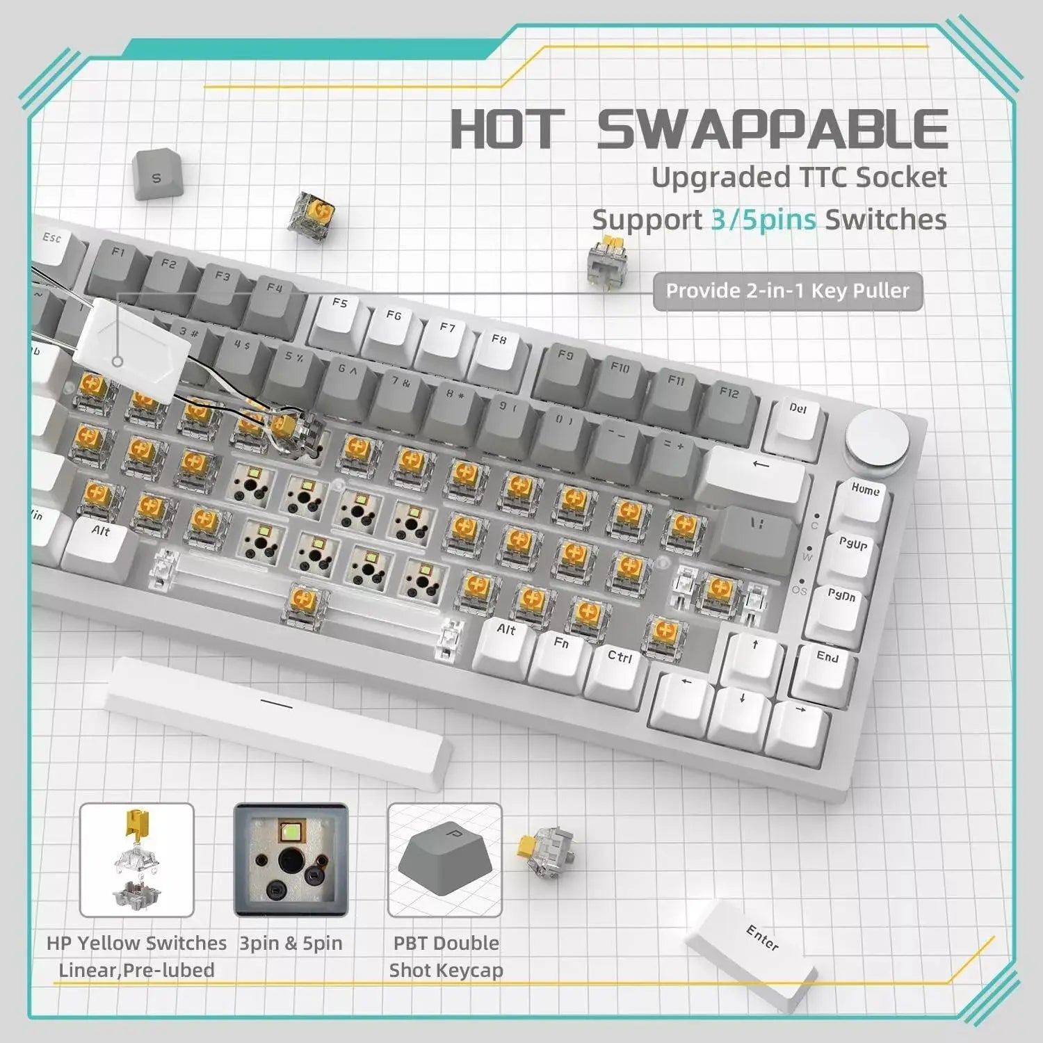 AJAZZ AK820 Wired Office Gaming Lighted Mechanical Keyboard, Backlit Keyboard, Light up Keyboard, 75% Layout Full Key Hot Swappable Gasket Structure Metal Volume Knob FN Multimedia Function Ergonomic Design Plug and Play